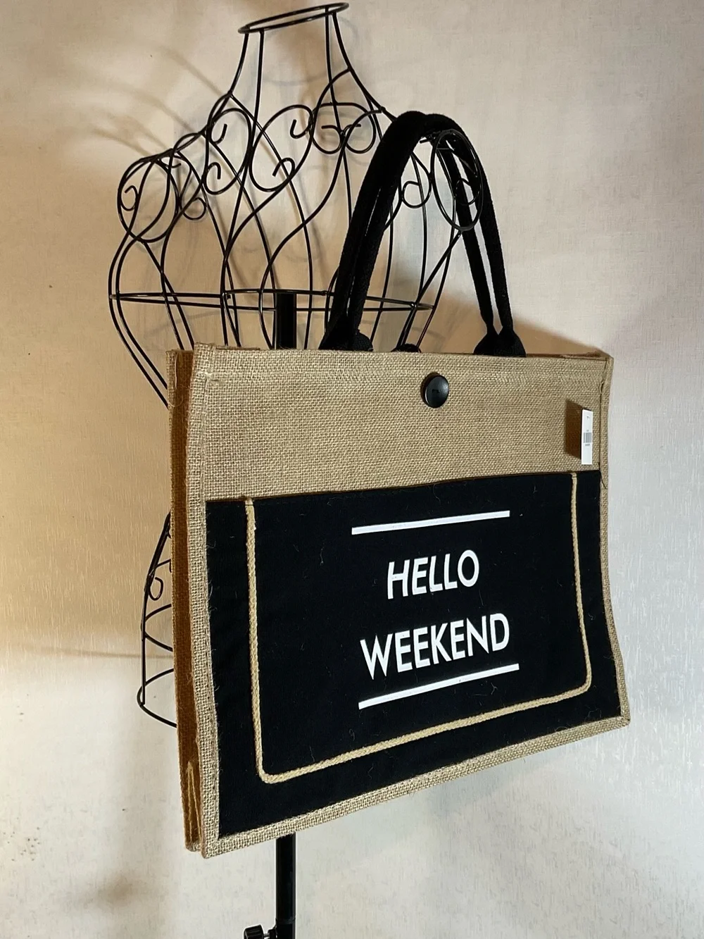 Hello Weekend Black & Natural Jute Tote Bag - Unbranded